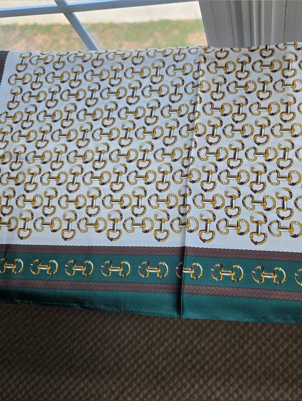 Equestrian Print Silk-Style Scarf in Green, White & Gold - Picture 2 of 2